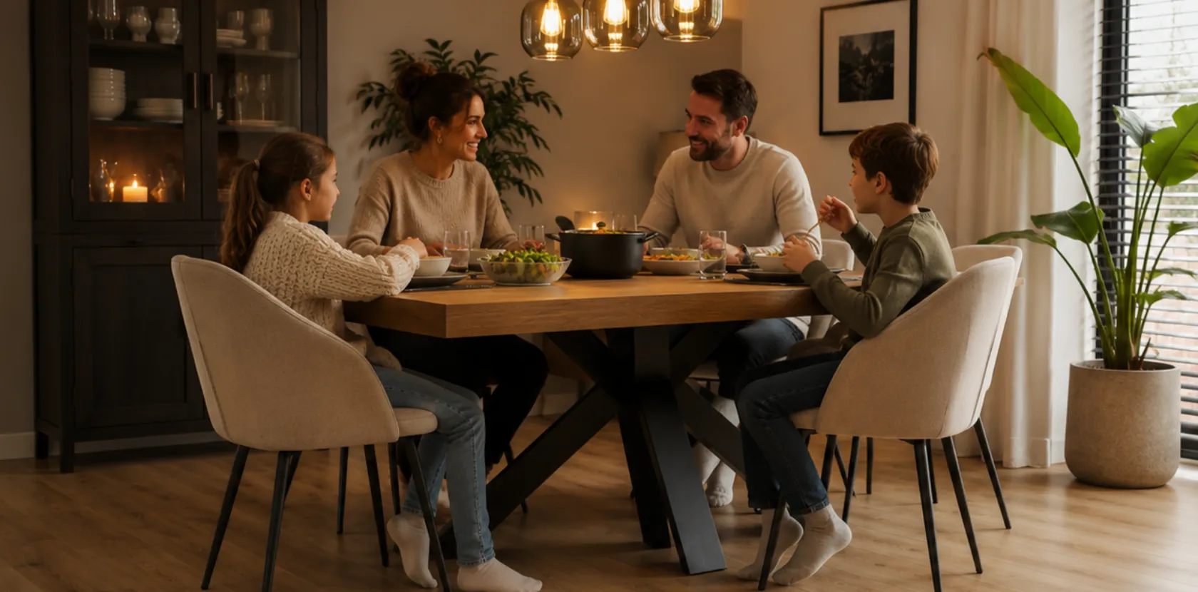 Gezin aan de eettafel in een warme woonkamer met laminaatvloer