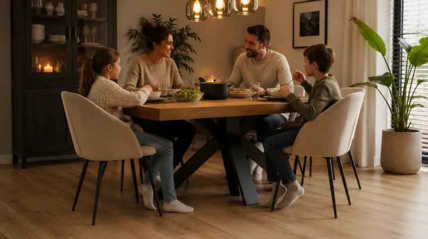 Gezin aan de eettafel in een warme woonkamer met laminaatvloer