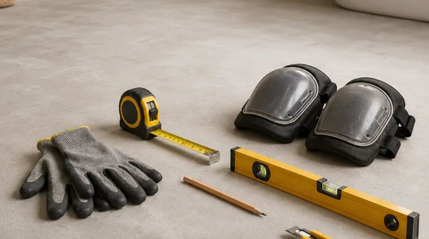 Doe-het-zelf klusgereedschap op de vloer van een moderne badkamer in renovatie