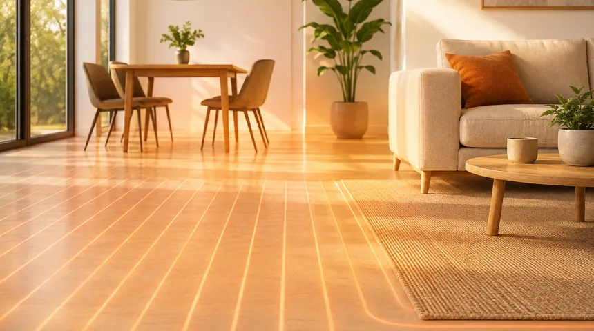 Warme woonkamer met elektrische vloerverwarming en zichtbare gelijkmatige warmteverdeling vanuit de vloer.