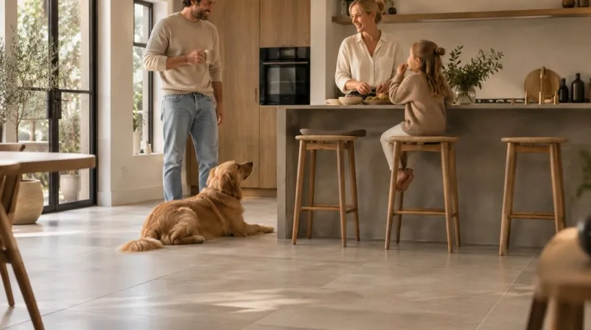 Gezin in een moderne keuken met tegelvloer en elektrische vloerverwarming