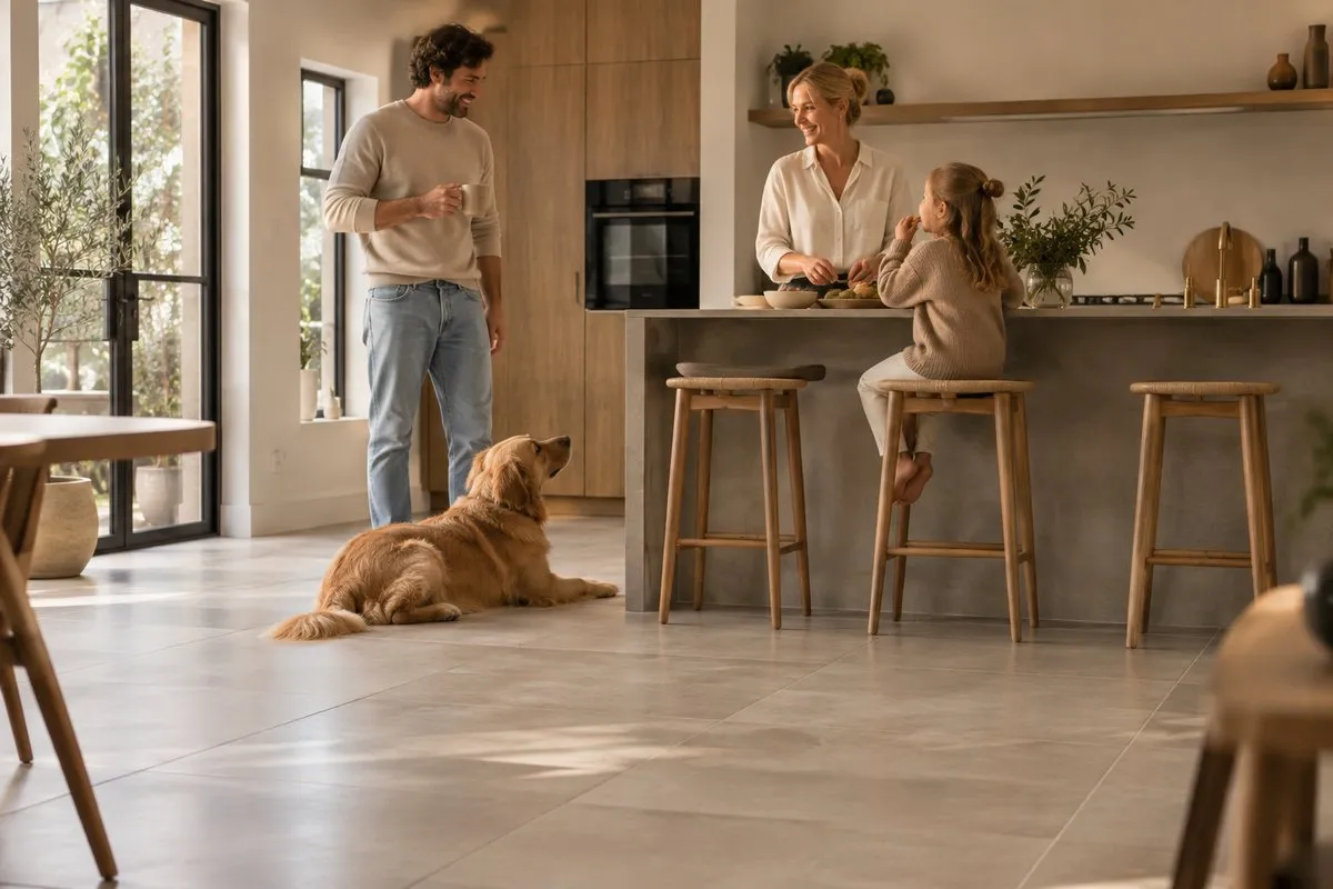 Gezin in een moderne keuken met tegelvloer en elektrische vloerverwarming