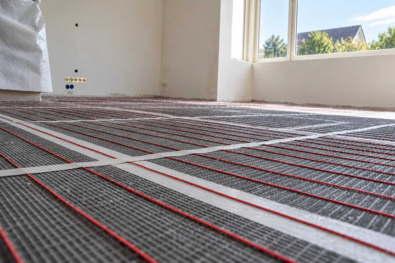 Elektrische vloerverwarming van Speedheat tijdens installatie in een renovatieruimte.